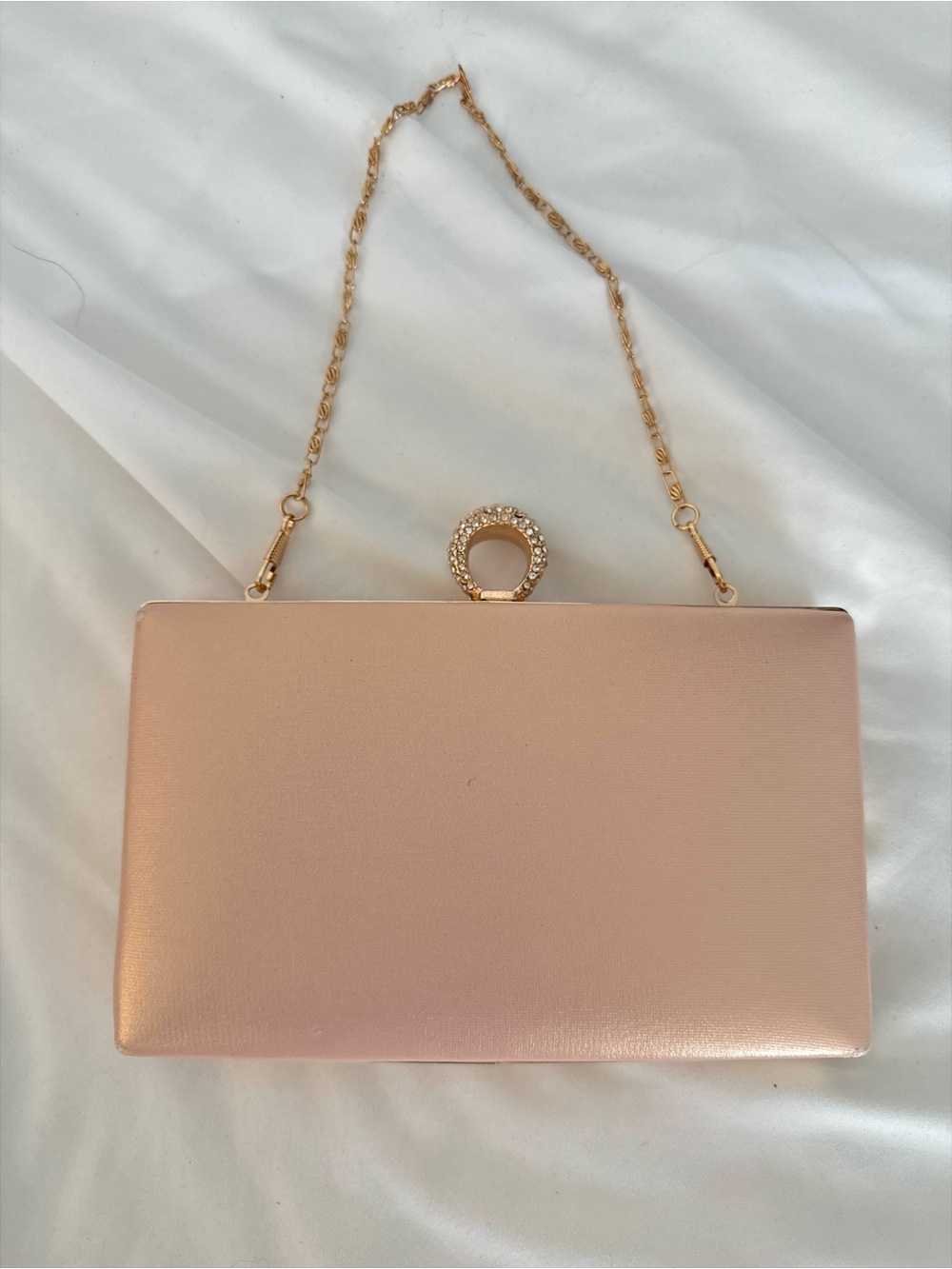 De Blossom Collection Rose Gold Satin Clutch with Rhinestone Ring